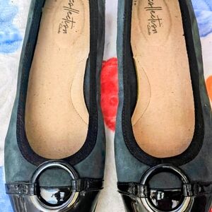 Green Suede Ballet Flats with Patent Trim